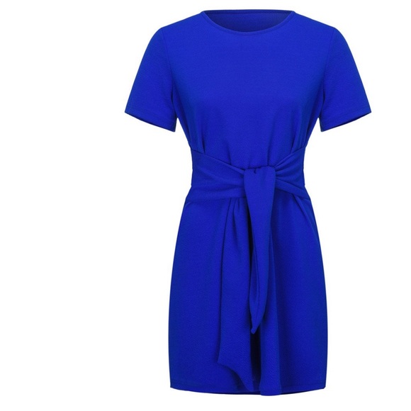 Womens Short Sleeve Electric Solid Blue Casual Round Neck Tie Knot Front Dress - Picture 5 of 9